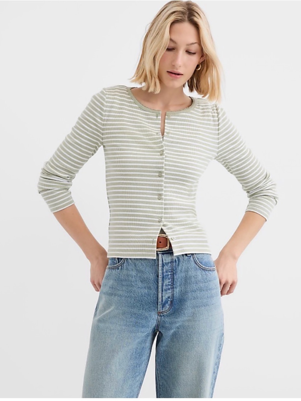 LOFT Sage Green and White Striped Button-Front Long Sleeve Ribbed Cardigan